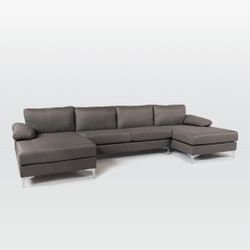 Grey Modern Large Linen Fabric U-Shape Sectional Sofa, Double Extra Wide Chaise Lounge Couch