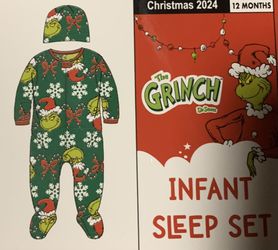 New The Grinch size 12 month super soft fleece Christmas pajama sleeper and cap 