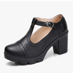 DADAWEN Women's Leather Classic T-Strap Platform Chunky Mid-Heel Mary Jane Square Toe Oxfords Dress Pump Shoes