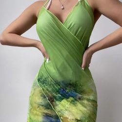 Cover Up Dress  Asymmetrical Low Back Drawstring Halter Figure Print