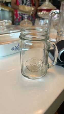 Clear Glass Mason Jar Drinking Mug with Handle & Embossed Logo
