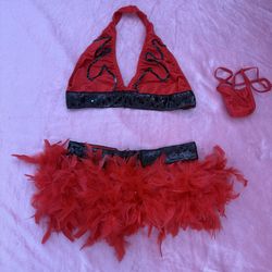 Red Hot Showgirl Feather Skirt Set – Y2K Burlesque Rave Bikini w/ Sequin Trim XS/S 💋✨