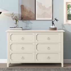 53" Milky White 6-Drawer Rubber Wood Dresser w/ Silver Metal Handles  [NEW] **Assembly Req**  