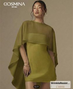 Satin Dress With Sheer Cape New Olive Color