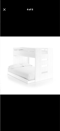 BUNK BED: Crate and Barrel Abridged White Glaze Wood Kids Twin Over Full Bunk Bed with Right Ladder
