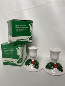 Vintage Lillian Vernon Holly Berry Ceramic Candlestick Holders Original Boxes