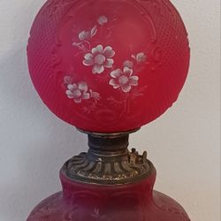 Antique Gone With The Wind Red Satin Floral Embossed Lamp 1800s Victorian Regal