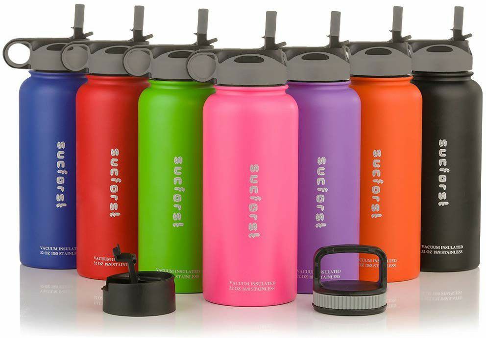 Water Bottle +2 Extra Accessories - Vacuum Insulated Stainless Steel Wide Mouth Travel Mug - Powder Coated Double
