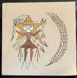 HOLY BOY With Plant Signed By C. Henry Sand Art Bright Yellow Star Bow & Arrows