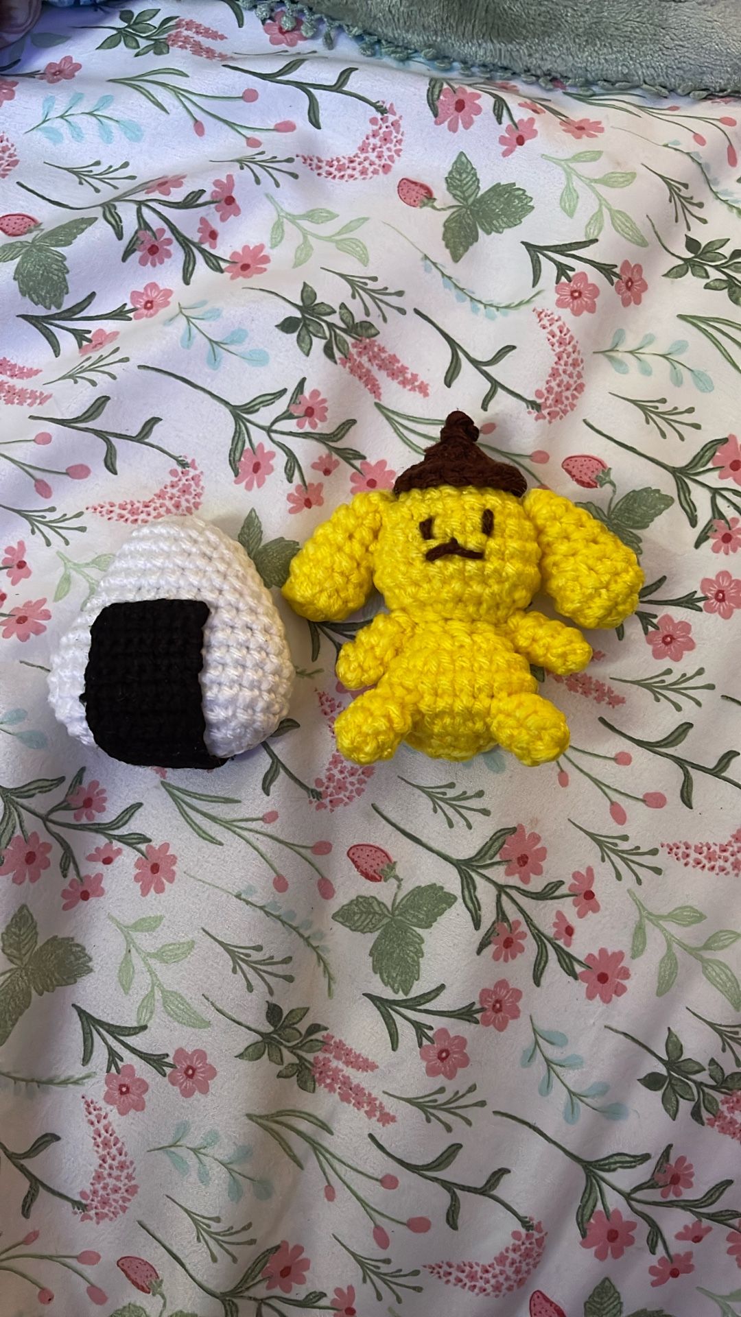 Cute small handmade crochet toys Onigiri & Pompompurin