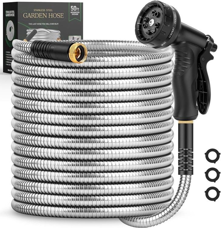 50ft Garden Hose With Nozzle. No Kink, Metal Casing