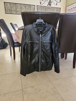 GUESS mens Leather Motorcycle Jacket