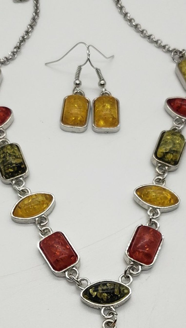 Multicolored Amber Necklace/Earring Set