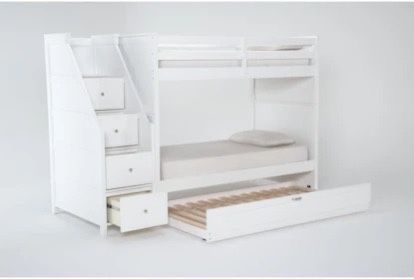 Luca White Full Over Full Wood Bunk Bed With Stairway & Twin Trundle