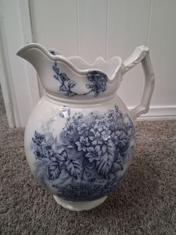 Antique White Ceramic Pitcher Blue Floral
