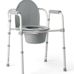 Medline 3-in-1 Steel Bedside Commode, Standard Seat, Sturdy Folding Frame, 7.5 QT. Bucket, 350 lb. Weight Capacity, Clip-on Seat, Easy Cleaning, Tool-