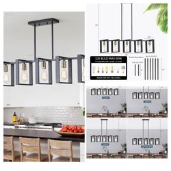 41.5" Mid Century Dining Room Chandelier, Black and Gold Wood Pendant Light, Height Adjustable 5 Lights Fixtures for Kitchen Island Hallway Pool Table