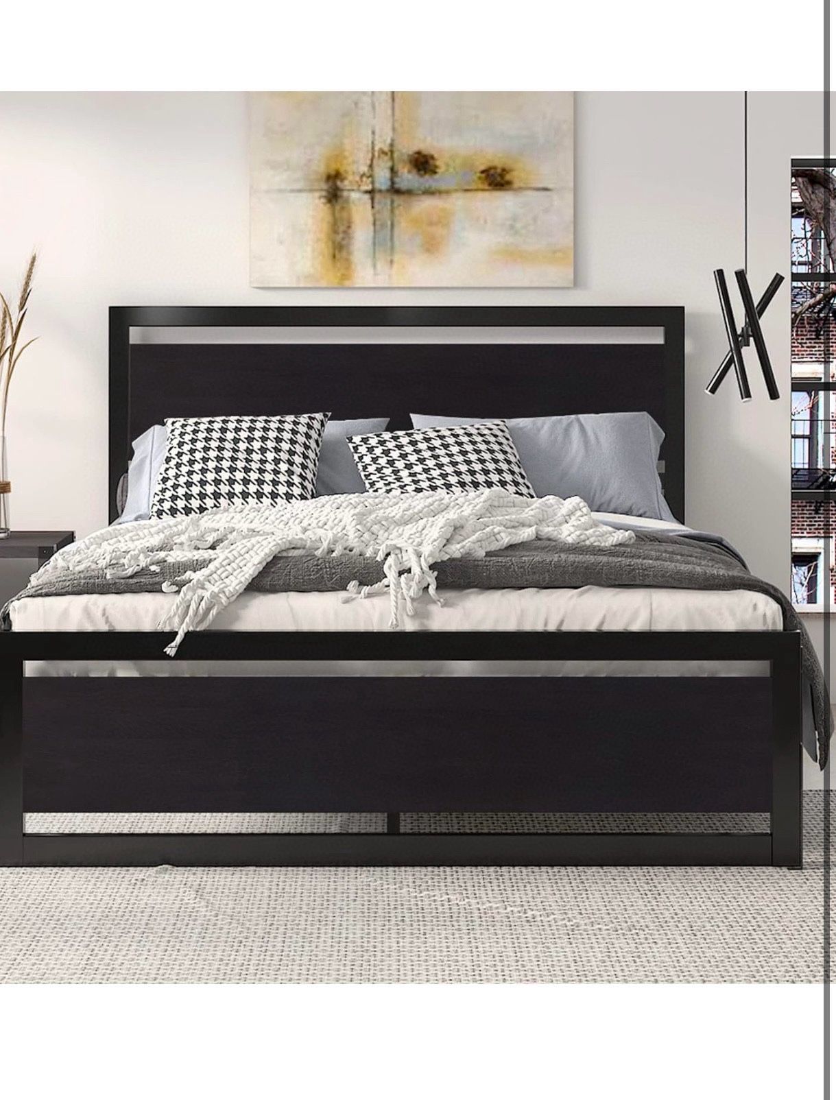 O152 $80 Full Size Bed Frame with Modern Wooden Headboard/Heavy Duty Platform Metal Bed Frame with Square Frame Footboard & 13 Strong Metal Slats Supp