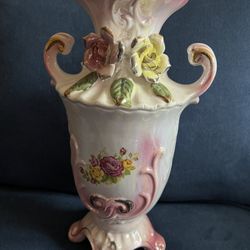  Vintage Taiwan Pink Lusterware Floral Motif Ceramic Vase  With Hand-Modeled Flowers