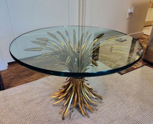 Gilt Wheat Sheaf Side Table - 24" Round 3/4" Thick Glass - Hollywood Regency
