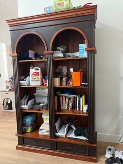 Large Wood Bookcase with Arched Detail and Drawers