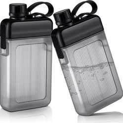 Honeydak 2 Pcs Flat Water Bottle 13oz Plastic Flask for Liquor Slim Square Black