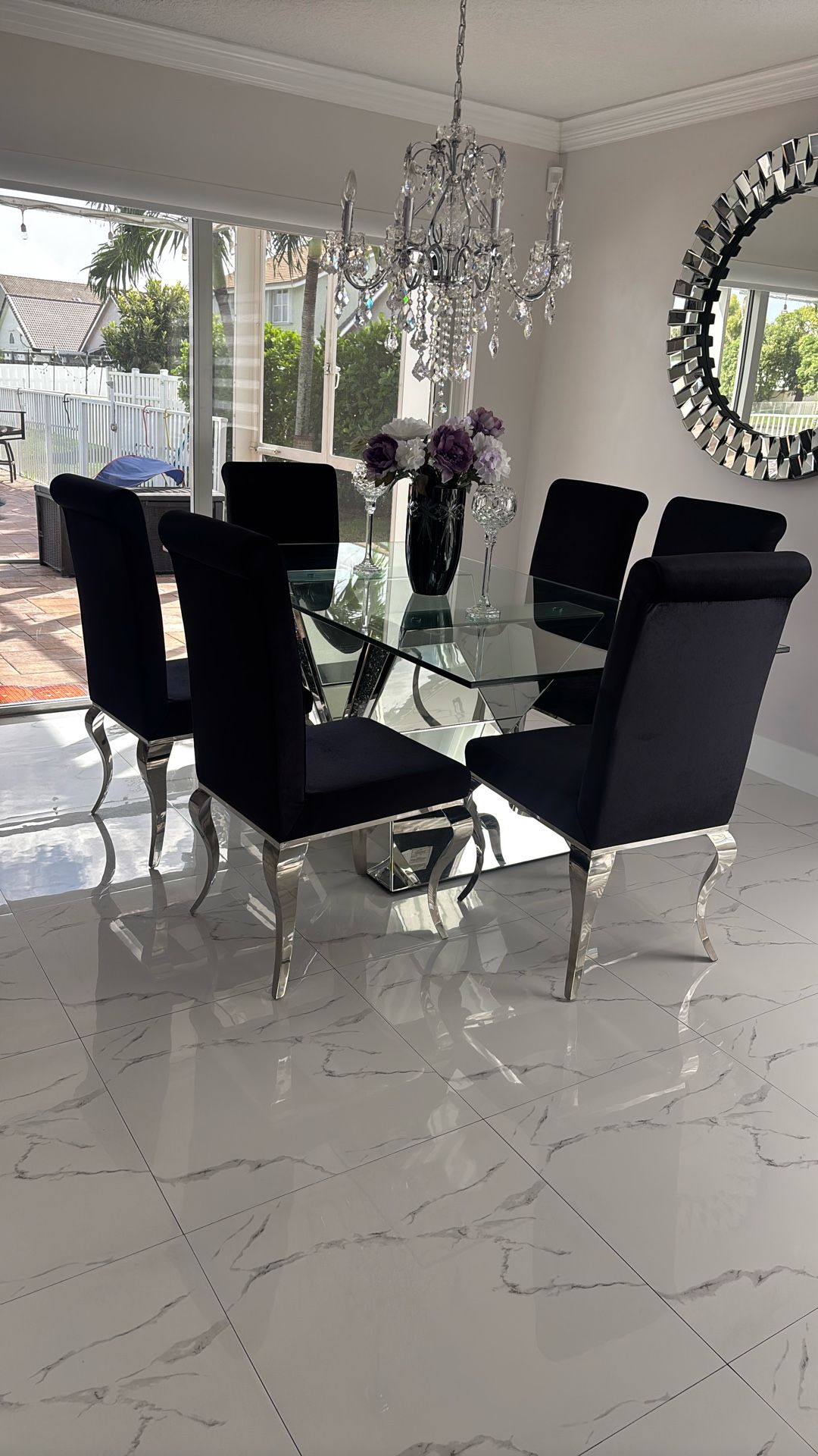 Gorgeous dining table with mirror base and thick glass top. Includes six black velvet and chrome, dining chairs.,All Products : American Fashion Style Bags On Sale
