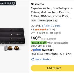 Nespresso Capsules Vertuo, Double Espresso Chiaro, Medium Roast Espresso Coffee, 30-Count Coffee! 