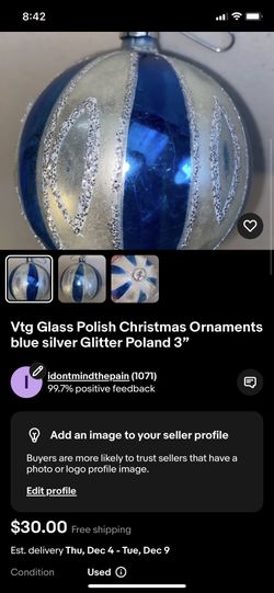 3 Blue Glass Christmas Ornaments
