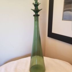 Unique Tall Italian "Empoli" Green Glass Genie Bottle - 1950's Mid Century Modern MCM / Retro Decor.
