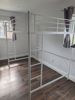 Full-Size White Metal Loft Bed — Like New — $180