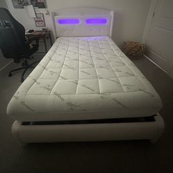 Boucle Bed Frame Full Size with Headboard, Upholstered Platform Bed Frames, Soft Thickened Board Bedframe with Storage Charging Station LED Lights, Ea