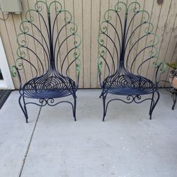 Vibrant 1960's Wrought Iron Peacock Throne Patio/Garden Arm Chairs