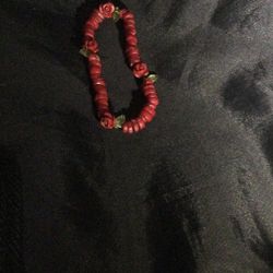 A Beautiful  Red  Coral With Roses And Glass green Leaves Bracelet 