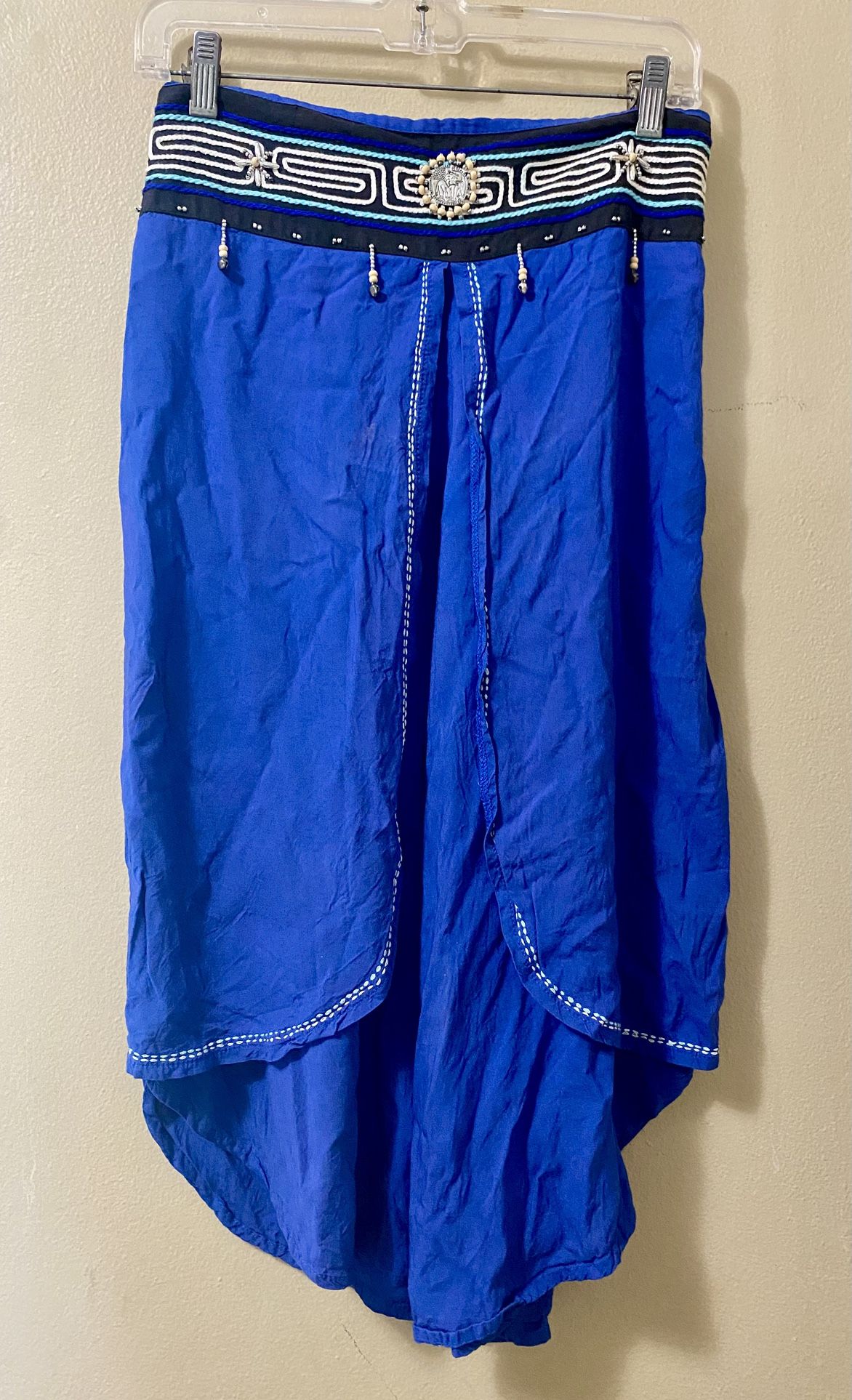 Thai Harem Pants Blue Embroidered Beaded Bells Hippie Boho Festival Women's S/M 
