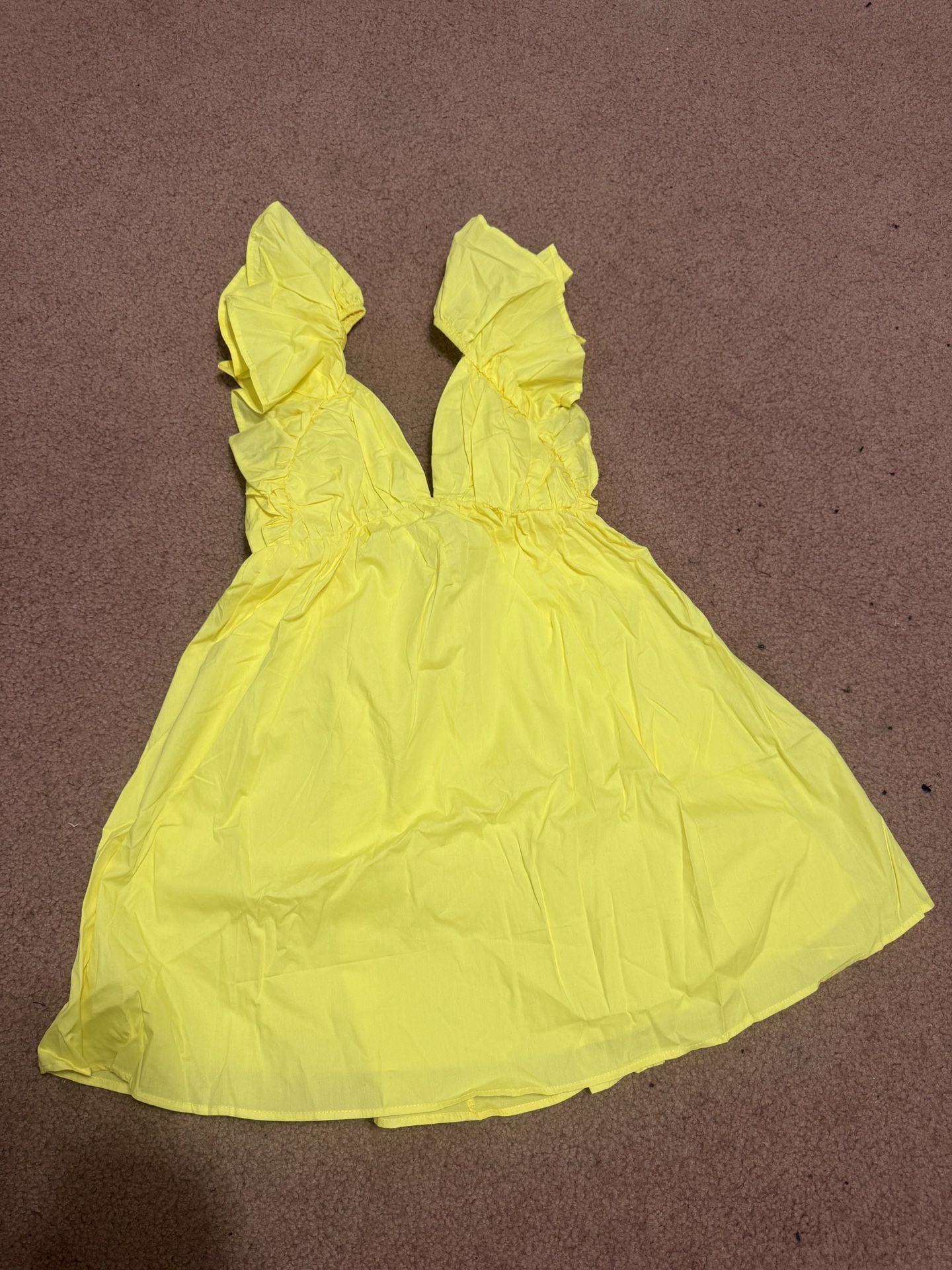 New small yellow short ruffle mini bow dress boho