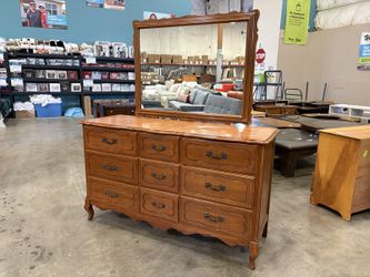 Vintage Auburn Finished French Provincial Style 9 Drawer Triple Dresser and Mirror with Ornate Blackened Pulls