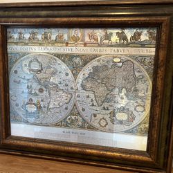 Vintage Gold Foil Blaeu World Map – Framed 25"x21" – Ready to Hang