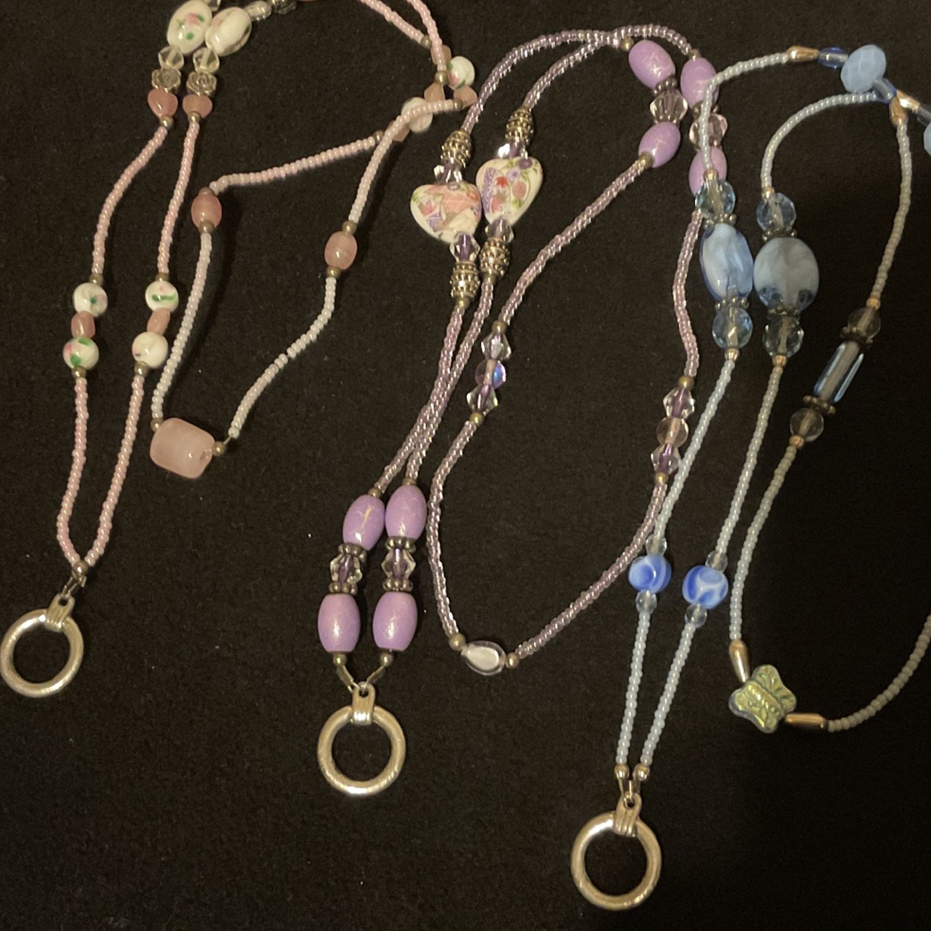 3 24”Crystal,beaded,glass,and Porcelain Badge Necklaces ( Pink,purple,and Blue)