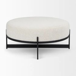 Amelia Cream Boucle Fabric with Black Metal Frame Round 36” Ottoman