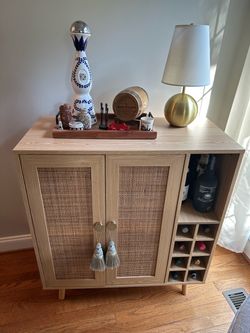 Cane Door Bar Cabinet with Wine Storage
