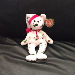 RARE, TY Beanie Baby 1998 Holiday Teddy Bear with Holly Berries on White