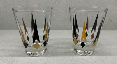 2 Anchor Hocking MCM Golden Peaks Juice/Shot Glasses