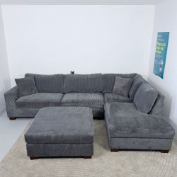 Dark Grey Corduroy Sectional With Ottoman