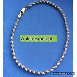 Ankle Bracelet Two Tone Gold On Sterling Silver Italy 925 Diamond Cut Twist Design *Ship Nationwide Or Pickup Boca Raton