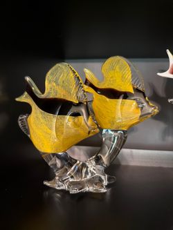 Vintage Marcolin Sweden Art Glass Double Tropical Fish Sculpture Signed Label