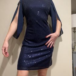 Royal/navy Blue Sequin Dress With Slit Sleeve