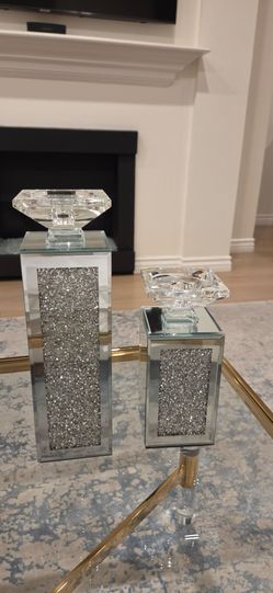 Two Brand New Luxury Glam Mirrored & Crushed Diamond Candle Holders