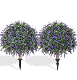 2 Pack Artificial Topiary Boxwood Ball Trees with Lavender Fake Plants for Outdoor Indoor Artificial Shrubs with Ground Spike UV Resistant Fake Bushes