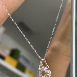 Sterling Silver Diamond Necklace With 14 K Gold Gold Plated Hearts